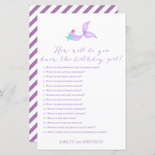 Papier Mermaid Tu connais bien la fille d'anniversaire (Devant / Derrière)