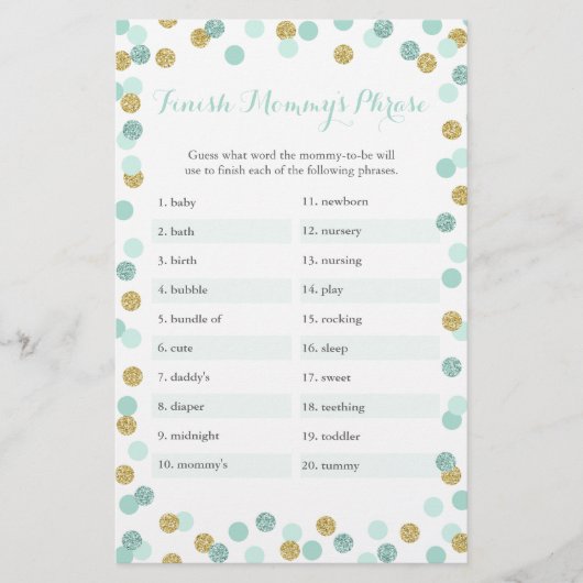 Papier Mint & Gold Baby shower Finish Mommy's Phrase Game (Devant)