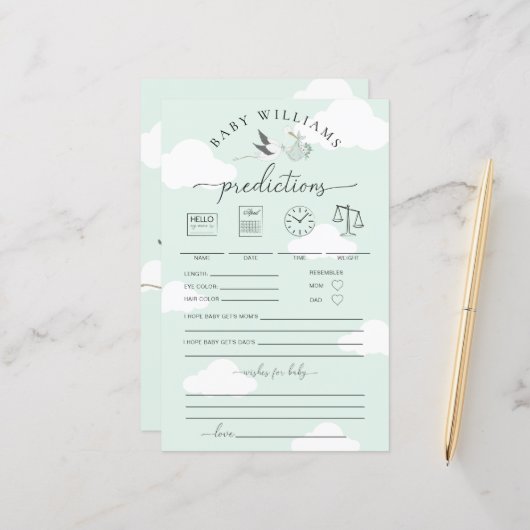 Papier Mint Green Stork Baby Predictions Jeu (Devant/Arrière en situation)