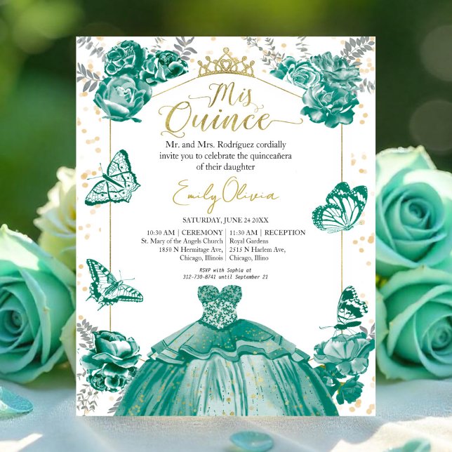 Papier Mis Quince Budget Invitation Émeraude Robe verte (Créateur téléchargé)