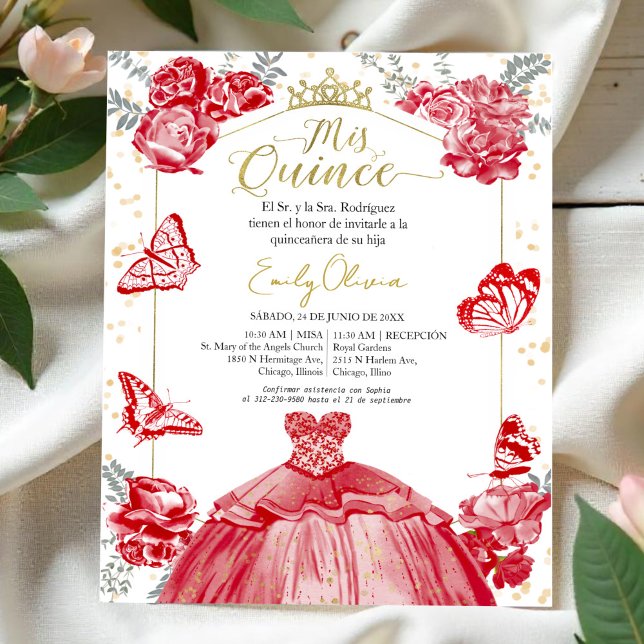 Papier Mis quince Budget Invitation Espagnol Rouge Floral (Créateur téléchargé)