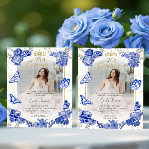 Papier Mis Quince Photo Budget Invitation Bleu Bilingue