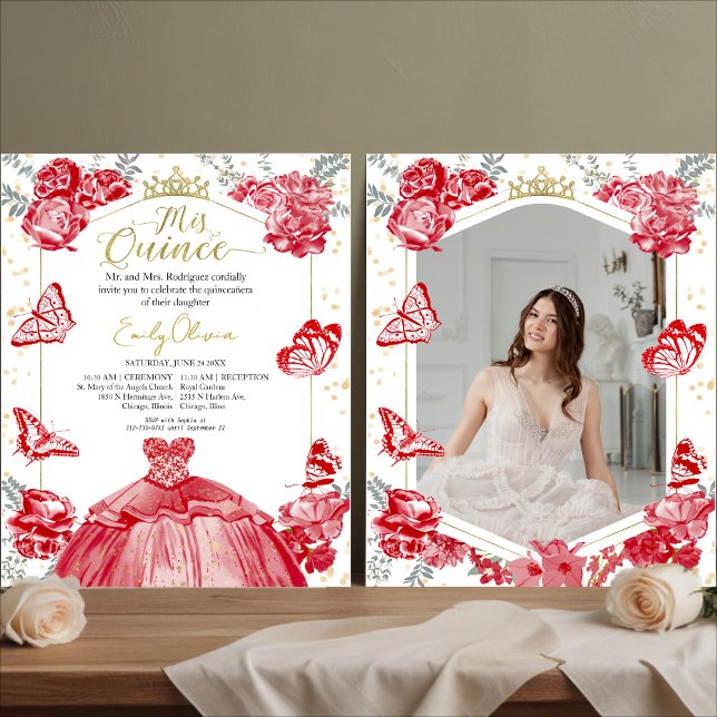 Papier Mis Quince Photo Budget Invitation Floral Rouge (Créateur téléchargé)