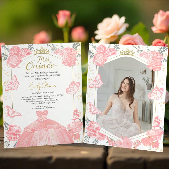 Papier Mis Quince Photo Budget Invitation Pink Floral (Créateur téléchargé)