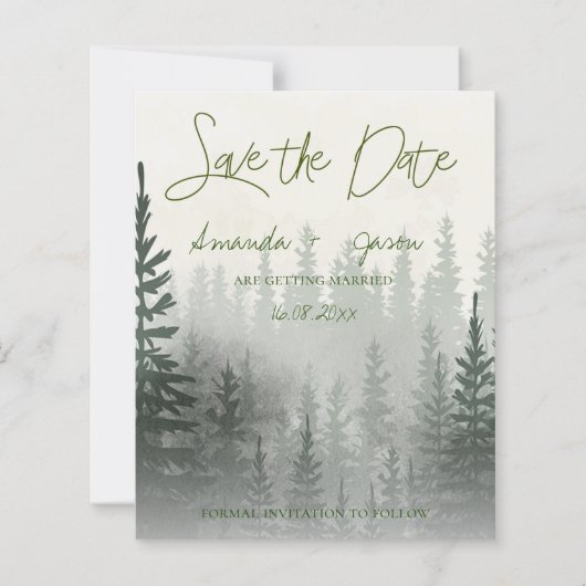Papier Misty Watercolor Forest Wedding Enregistrer La Dat (Devant)