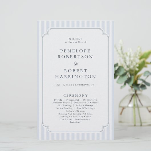 Papier Modern Classic Stripes Dusty Blue Wedding Program (Debout devant)