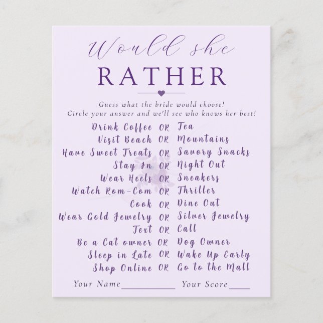 Papier Modern Floral Would She Rather Bridal Shower Game  (Devant)