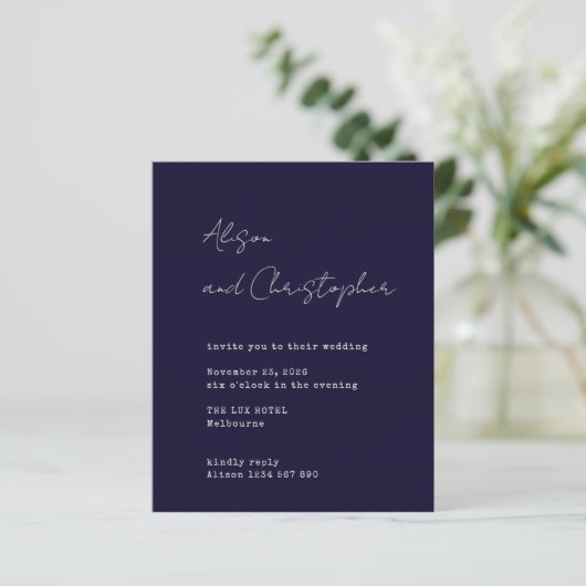 Papier Modern Navy Elegant Script Wedding Invitation (Debout devant)