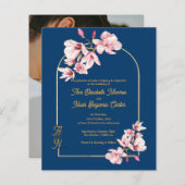 Papier Modern Navy Photo Floral Wedding Invitation (Devant / Derrière)