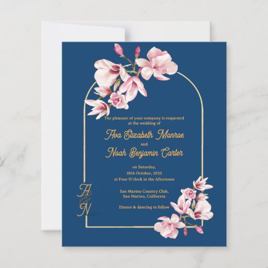 Papier Modern Navy Photo Floral Wedding Invitation (Devant)