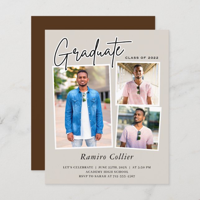 Papier Modern Script 3 Photo Graduation Invitations (Devant / Derrière)