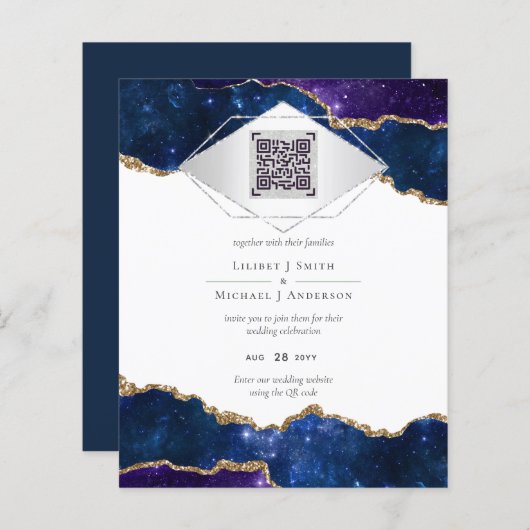 Papier Moderne Agate Bleu MARIAGE SUITE QR Code (Devant / Derrière)