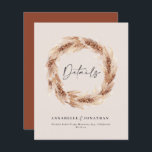 Papier Moderne boho grange pampas herbe détails mariage<br><div class="desc">Moderne bohème rustique grange naturelle pampas herbe élégante carte de détails mariage. Moderne sur le texte de script tendance et rouille / terracotta / fond orange brûlé.</div>