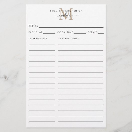 Papier Moderne de la cuisine de l'or Monogramme Recette (Devant)