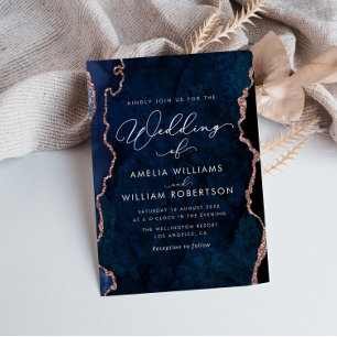 Papier moderne élégant bleu marine et rose or mariage