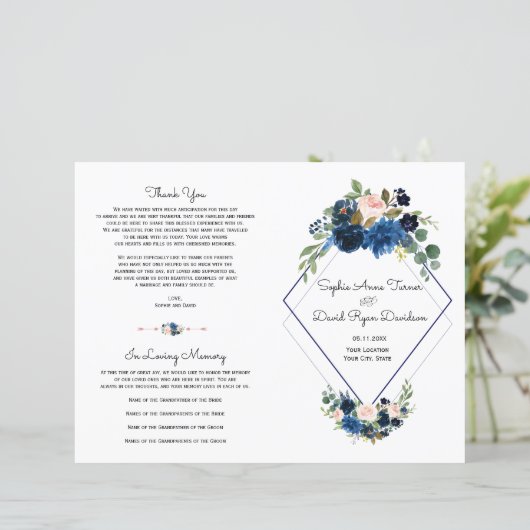 Papier Moderne Pink Blue Floral Navy Blue Diamond Program (Debout devant)