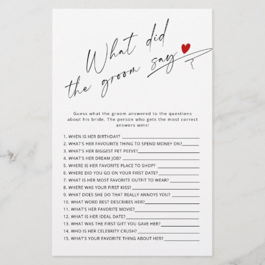 Papier Moderne Qu'est-ce que le marié a dit jeu de douche (Devant)