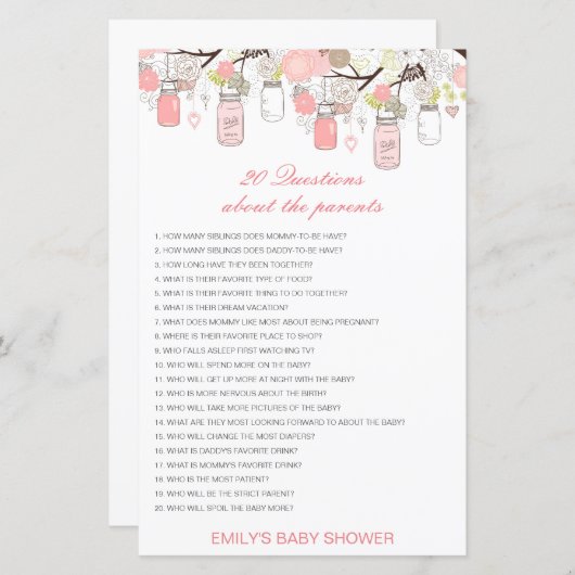 Papier Modifiable 20 Questions sur le Baby shower des par (Devant / Derrière)