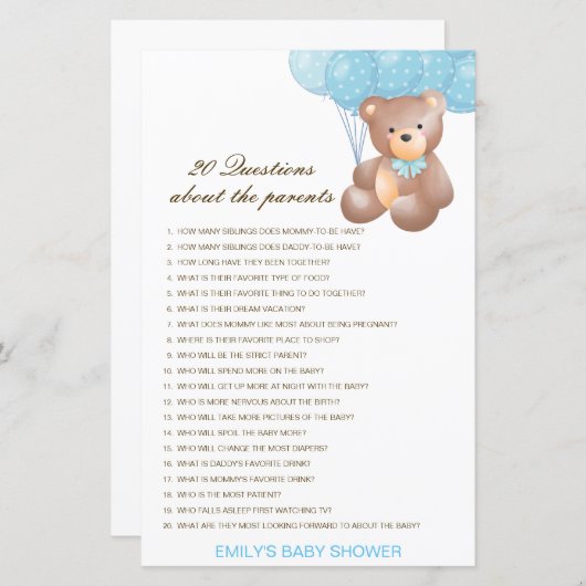 Papier Modifiable 20 Questions sur le Baby shower des par (Devant / Derrière)