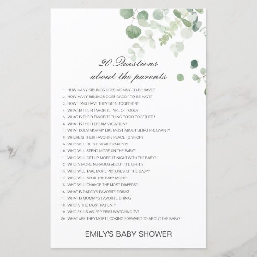 Papier Modifiable 20 Questions sur le Baby shower des par (Devant)