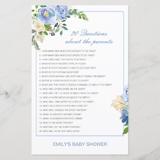Papier Modifiable 20 Questions sur le Baby shower des par (Devant)