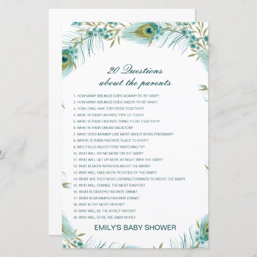 Papier Modifiable 20 Questions sur le Baby shower des par (Devant / Derrière)