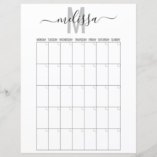 Papier Mois vierge Monogramme Planification Calendrier Pl (Dos)