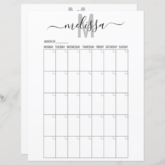 Papier Mois vierge Monogramme Planification Calendrier Pl (Devant / Derrière)
