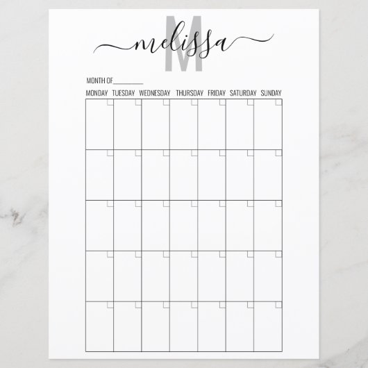 Papier Mois vierge Monogramme Planification Calendrier Pl (Devant)