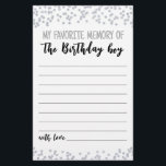 Papier Mon souvenir favori du jeu de fête des garçons d'a<br><div class="desc">Achetez cette carte et profitez de la haute qualité Mon souvenir favori du Jeu d'Anniversaire pour votre événement! Confetti en argent.</div>