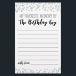 Papier Mon souvenir favori du jeu de fête des garçons d'a<br><div class="desc">Achetez cette carte et profitez de la haute qualité Mon souvenir favori du Jeu d'Anniversaire pour votre événement! Confetti en argent.</div>