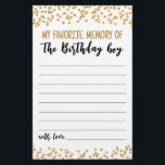 Papier Mon souvenir favori du jeu de fête des garçons d'a<br><div class="desc">Achetez cette carte et profitez de la haute qualité Mon souvenir favori du Jeu d'Anniversaire pour votre événement! Confetti d'or.</div>