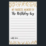 Papier Mon souvenir favori du jeu de fête des garçons d'a<br><div class="desc">Achetez cette carte et profitez de la haute qualité Mon souvenir favori du Jeu d'Anniversaire pour votre événement! Confetti d'or.</div>
