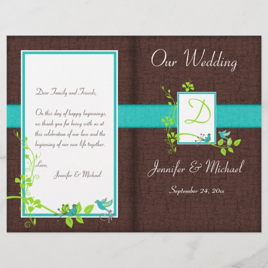 Papier Monogramme Aqua Brown Green Floral Wedding Program (Devant)