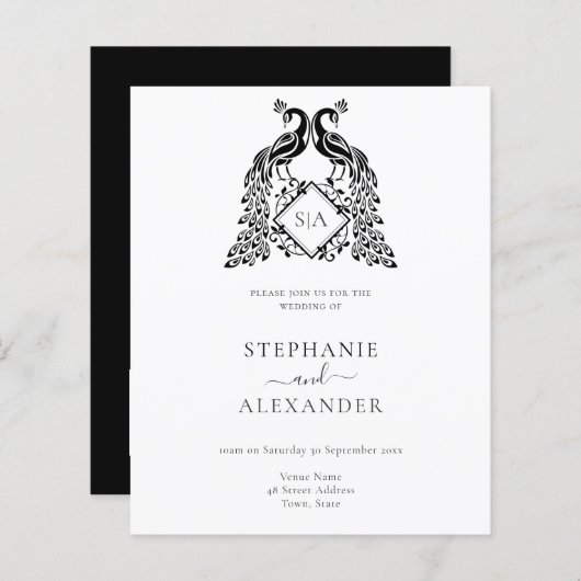 Papier Monogramme Budget Peacock noir QR Mariage Invitati (Devant / Derrière)