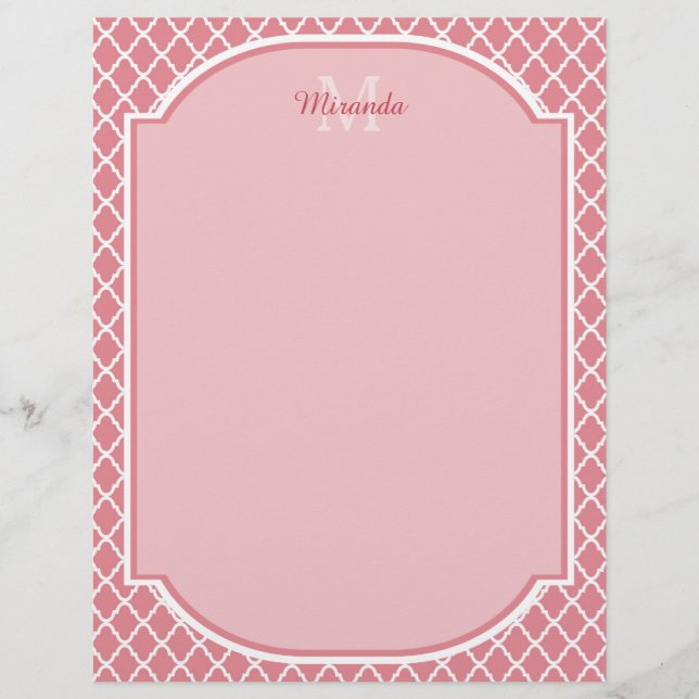 Papier Monogramme de Quatrefoil Rose Chic Avec Nom (Devant)