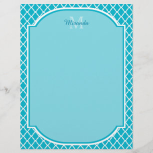 Papier Monogramme et nom de Quatrefoil bleu turquoise cla