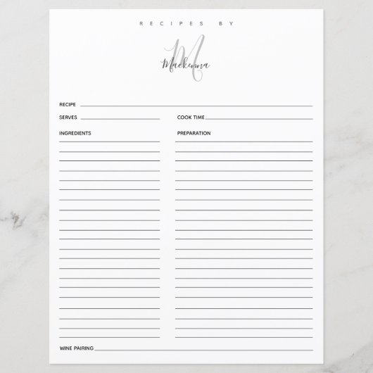 Papier Monogramme Noir Blanc Moderne Recettes Par Recette (Devant)