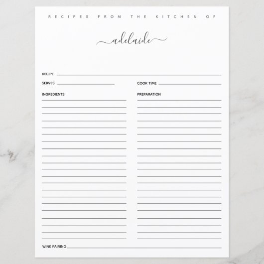 Papier Monogramme Noir Blanc Moderne Recettes Par Recette (Devant)