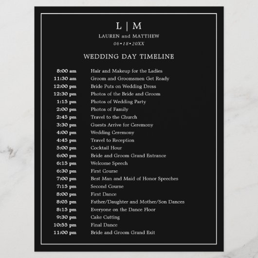 Papier Monogramme noir simple Elégant Mariage chronologiq (Devant)