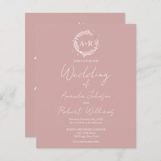 Papier Monogramme rose Invitations de mariage budgétaire (Devant / Derrière)