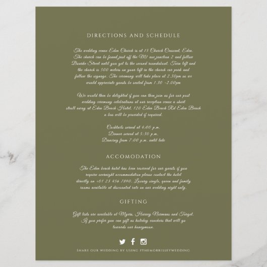 Papier monogramme vert olive informations sur les invités (Dos)