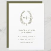 Papier monogramme vert olive informations sur les invités (Devant / Derrière)