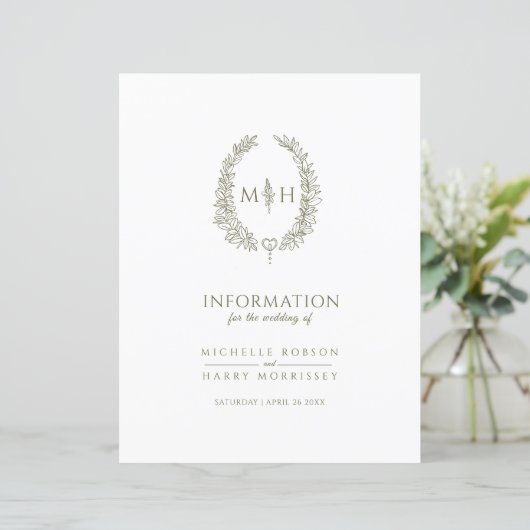 Papier monogramme vert olive informations sur les invités (Debout devant)