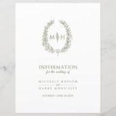 Papier monogramme vert olive informations sur les invités (Devant)