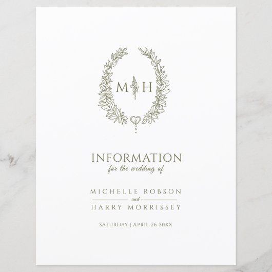 Papier monogramme vert olive informations sur les invités (Devant)
