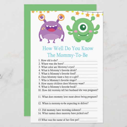 Papier Monster COMMENT VOUS CONNAISSEZ baby shower jeu (Devant / Derrière)