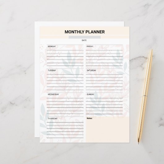 Papier Monthly Planner Template (Devant/Arrière en situation)