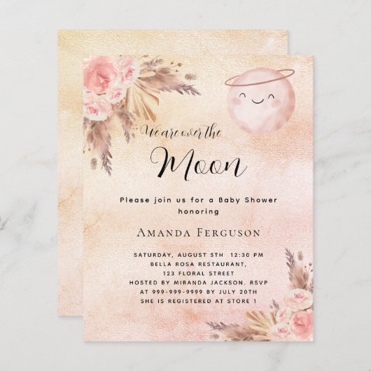 Papier Moon pampas blush budget baby shower invitation (Devant / Derrière)