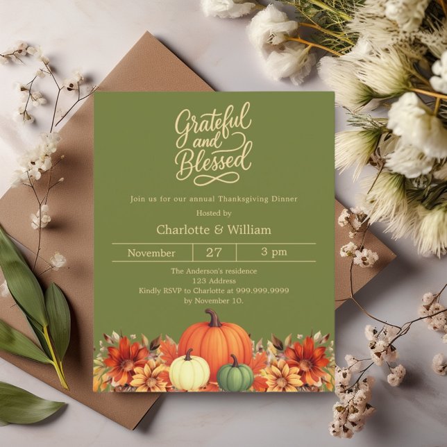 Papier Moss green orange Thanksgiving dîner invitation (Créateur téléchargé)